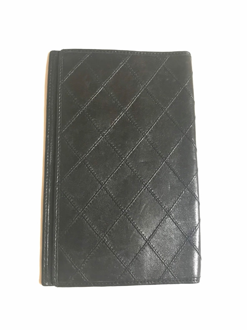Luxury Chanel Vintage black stitched leather book cover, diary cover, checkbook case etc