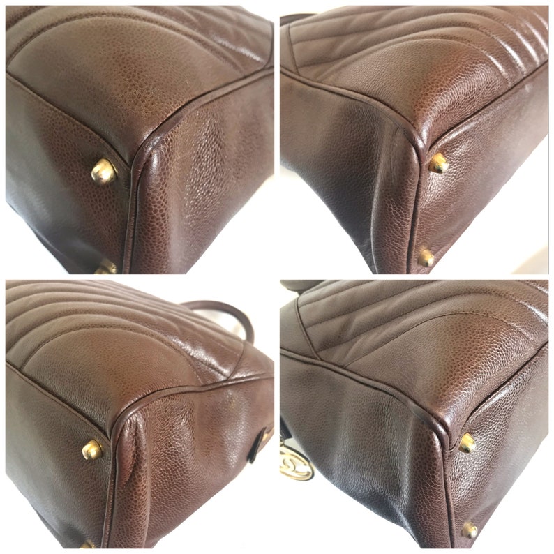 Luxury Chanel Vintage brown caviarskin v stitch, chevron style bag, Speedy bag with golden CC charm
