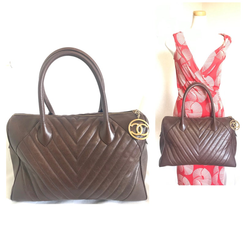 Luxury Chanel Vintage brown caviarskin v stitch, chevron style bag, Speedy bag with golden CC charm
