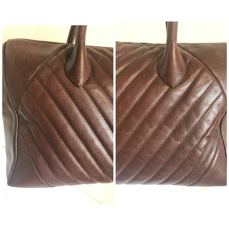 Luxury Chanel Vintage brown caviarskin v stitch, chevron style bag, Speedy bag with golden CC charm