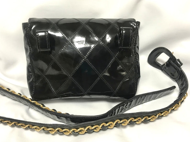 Luxury Chanel Vintage black patent enamel leather belt bag, fanny pack with matching belt