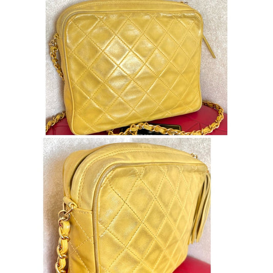 CHANEL Vintage yellow lambskin camera type chain shoulder bag with collar flap design