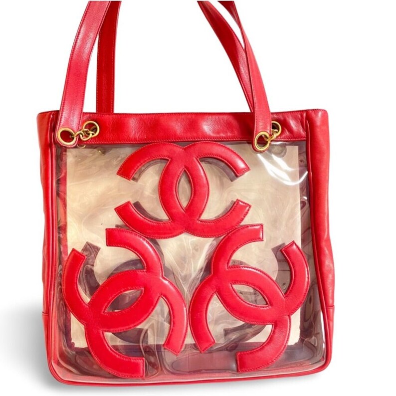 Luxury Chanel Vintage clear vinyl and red leather combination shoulder purse, tote with CC marks and matching pouch