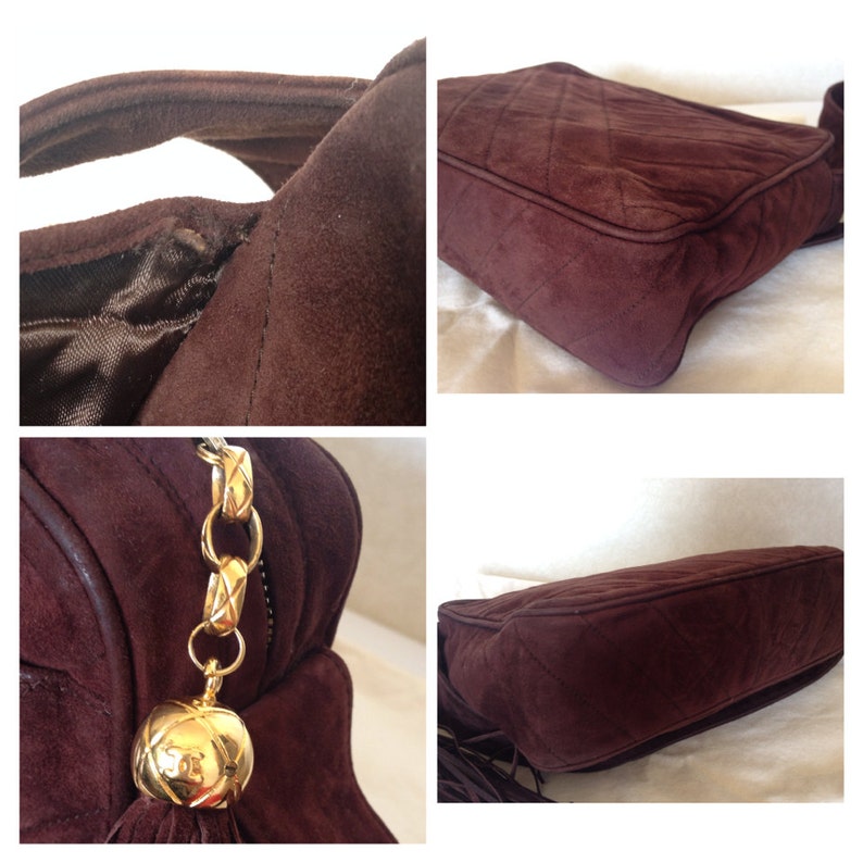 Luxury Chanel Vintage dark brown V stitch suede leather shoulder bag with CC stitch mark and long tassel