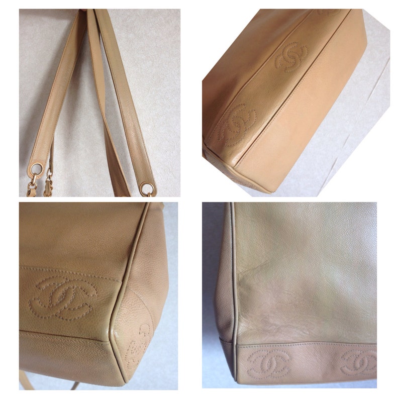Luxury Chanel Vintage brown beige caviar leather chain tote bag, shoulder purse with CC stitch marks