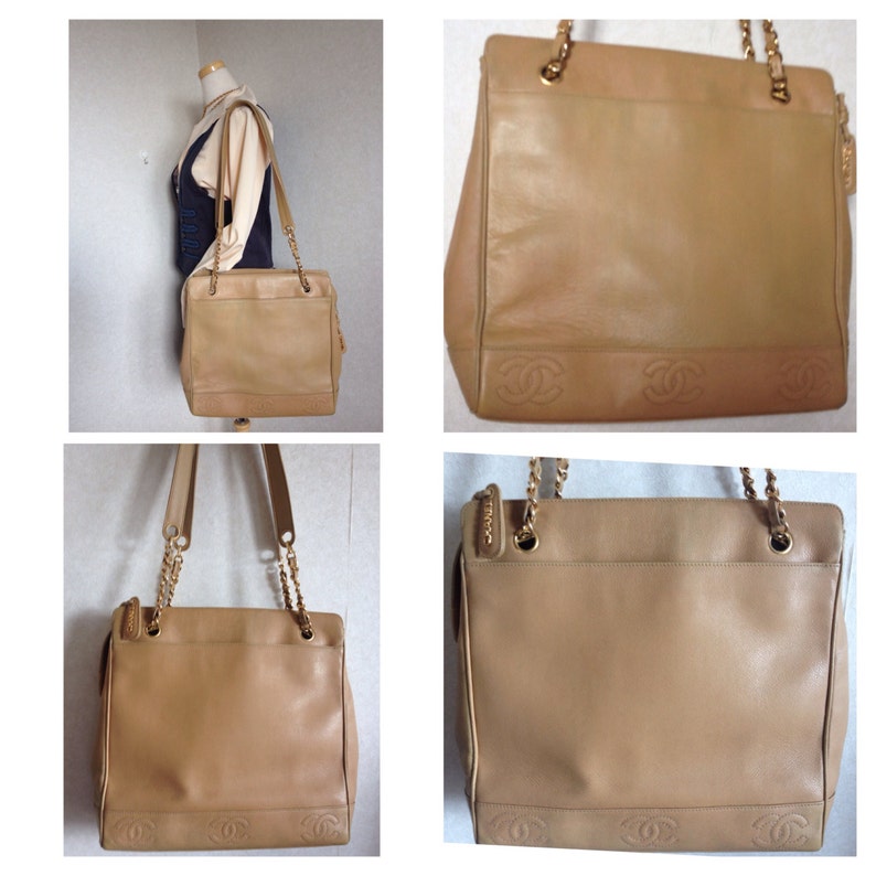 Luxury Chanel Vintage brown beige caviar leather chain tote bag, shoulder purse with CC stitch marks