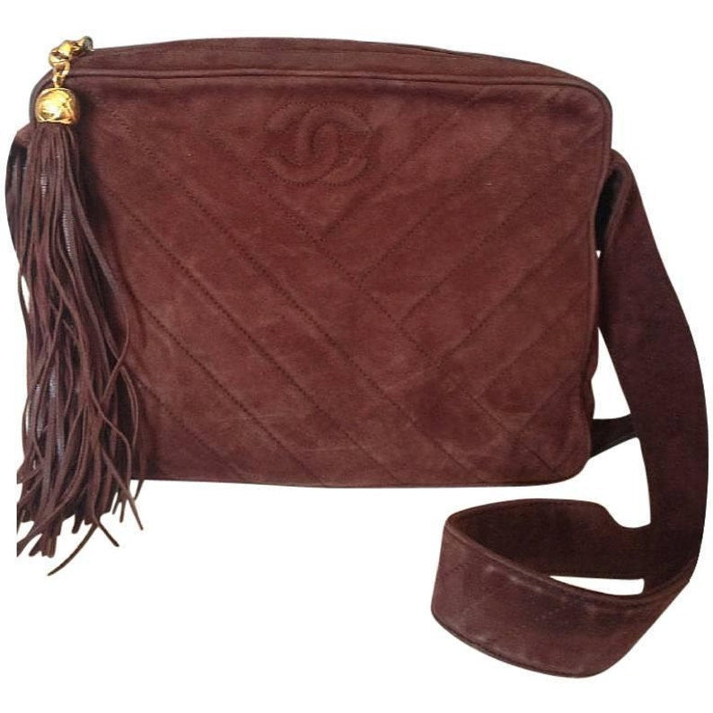 Luxury Chanel Vintage dark brown V stitch suede leather shoulder bag with CC stitch mark and long tassel