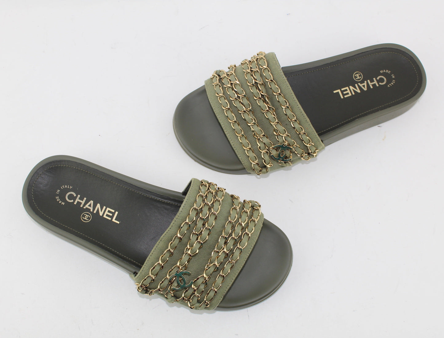 CHANEL CANVAS CHAIN FLAT SANDALS SIZE 38