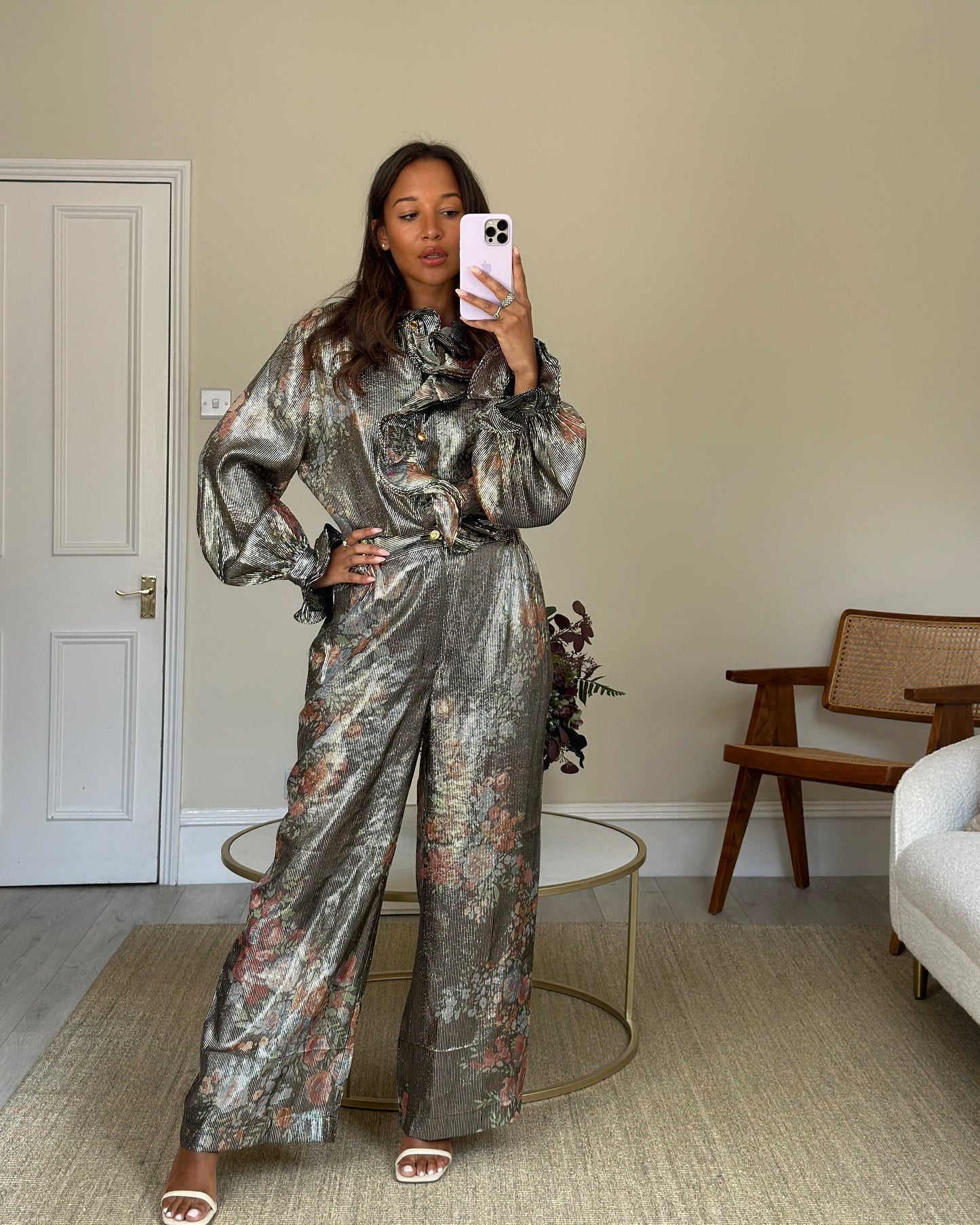 Luxury Gucci Trending 2025 Black Metallic Striped  Blouse and Trouser Set with Floral Detail Size UK 10-14
