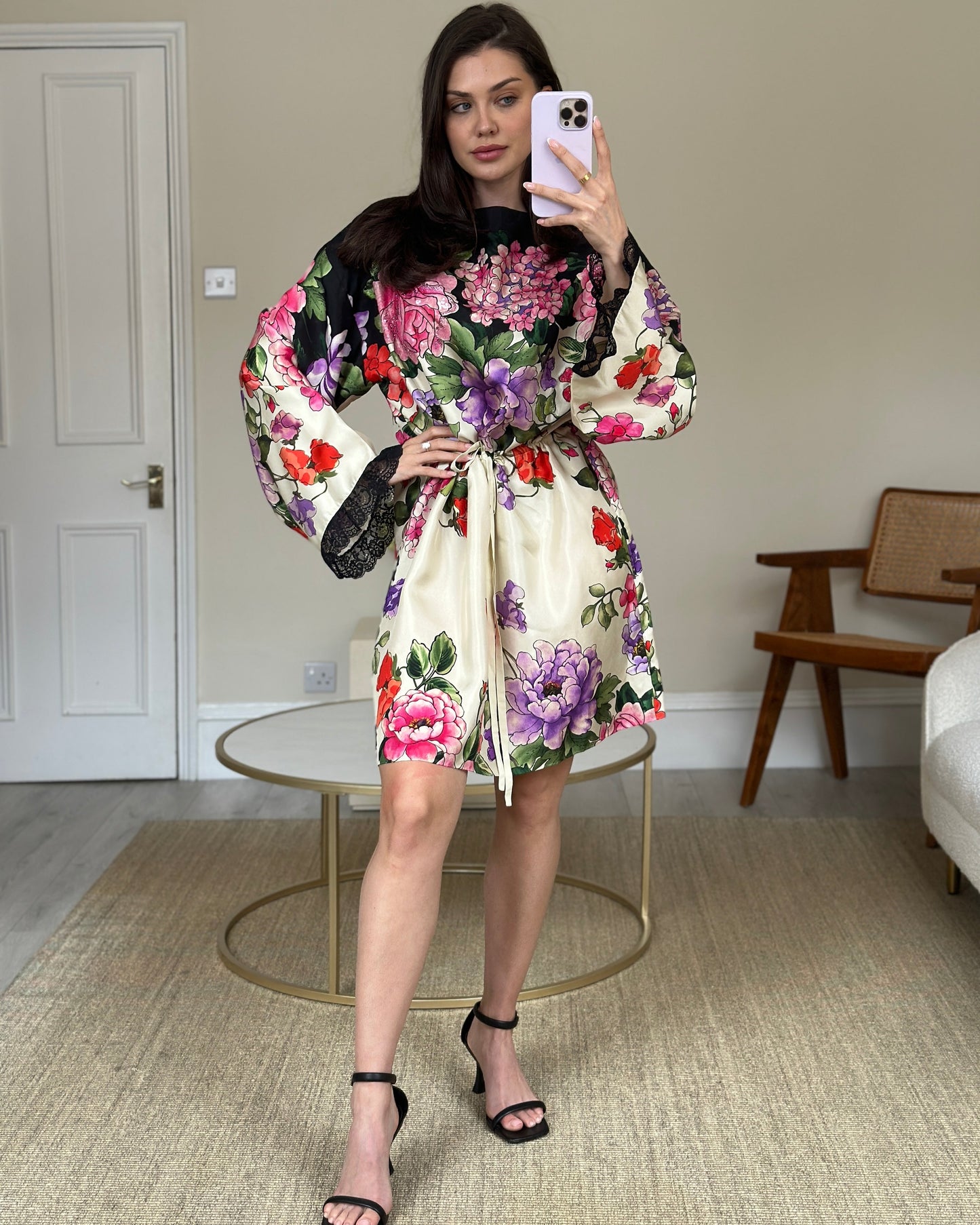Luxury Gucci Cream, Black, Pink and Purple Floral Silk Print Dress with Drawstring Waist and Embellishment Size IT 44 (UK 12)