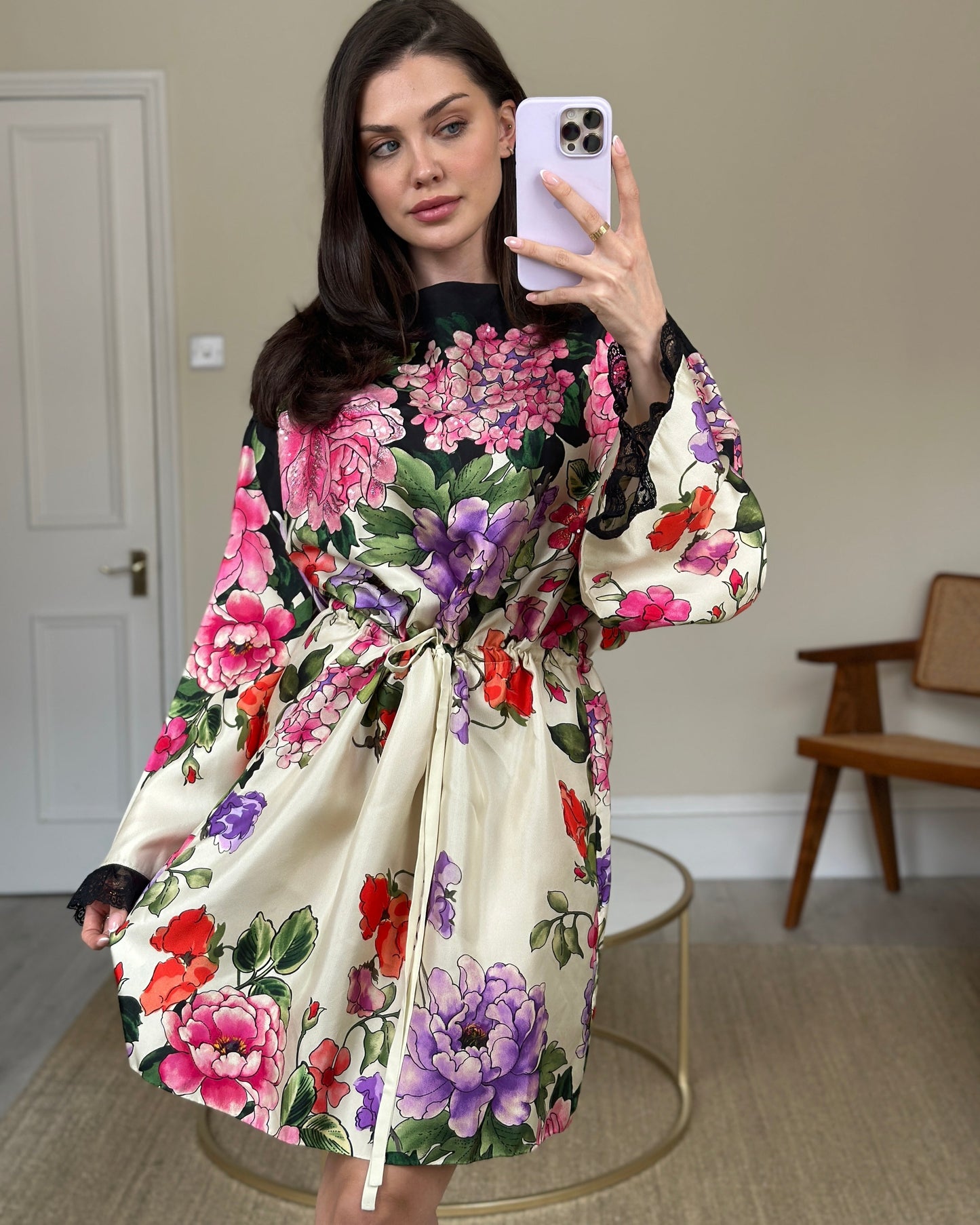 Luxury Gucci Cream, Black, Pink and Purple Floral Silk Print Dress with Drawstring Waist and Embellishment Size IT 44 (UK 12)