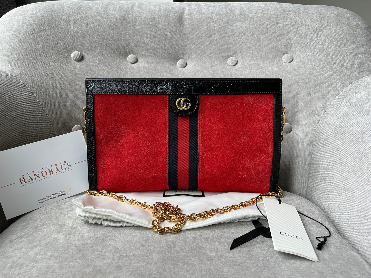 Luxury Gucci Red Suede and Black Leather Ophidia Shoulder Bag