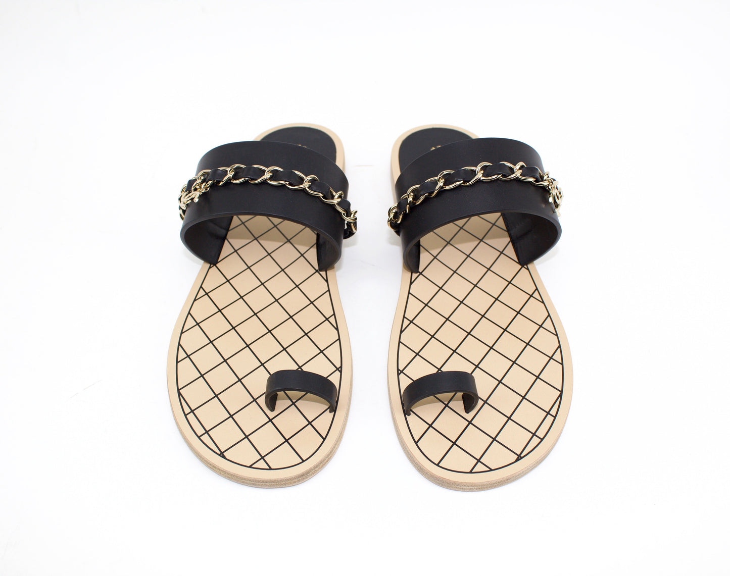 CHANEL FLAT TOE RING THONG W/ CHAIN EMBELLISHMENT
