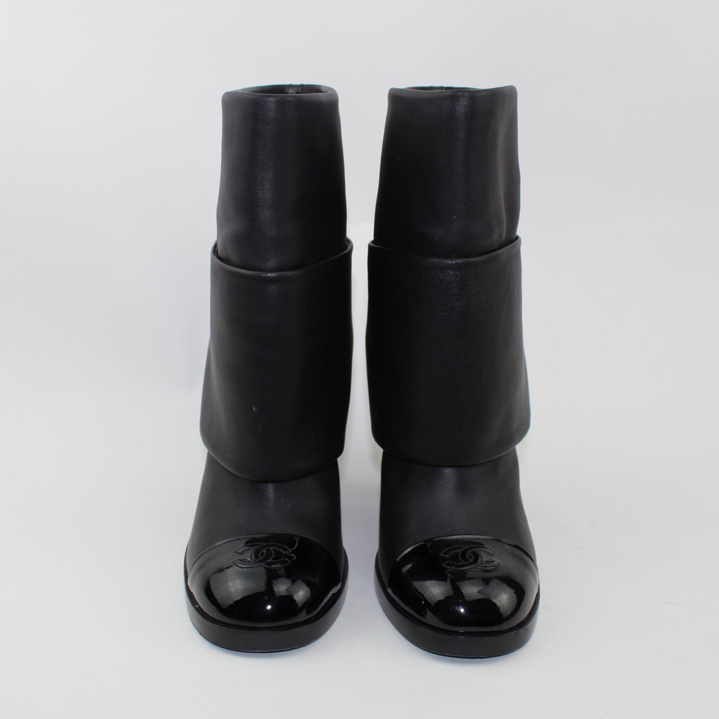 CHANEL CALF LEATHER PATENT CAP TOE  FOLD OVER BOOTS