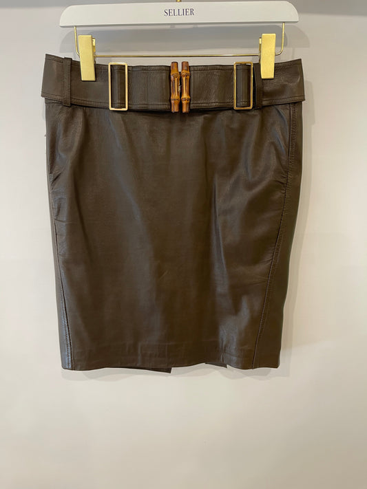 Luxury Gucci Trending 2025 Brown Leather Skirt with Bamboo Belt Detail Size IT 44 (UK 12)