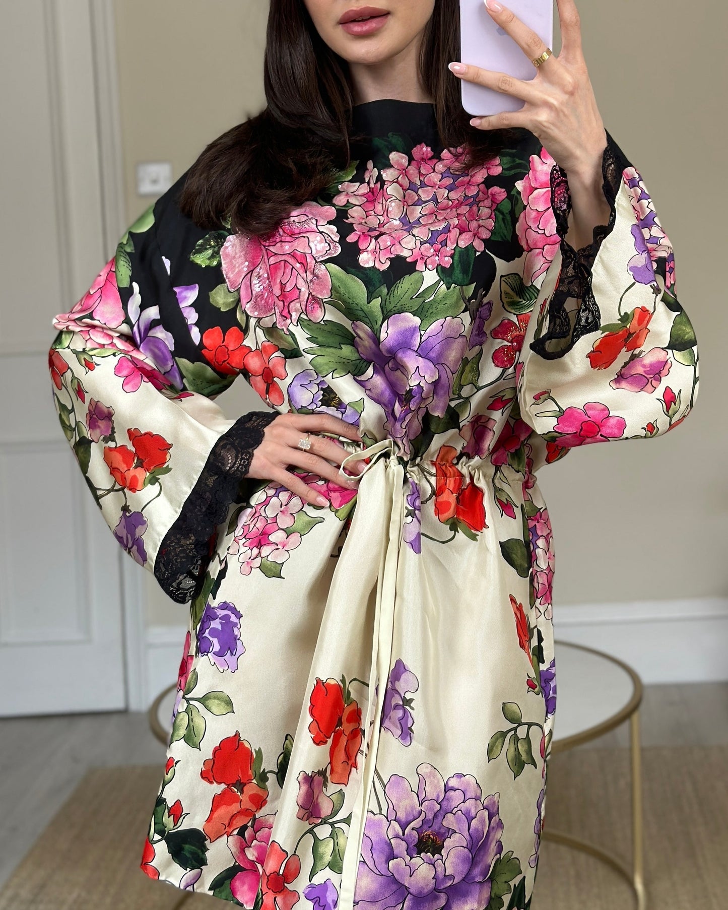 Luxury Gucci Cream, Black, Pink and Purple Floral Silk Print Dress with Drawstring Waist and Embellishment Size IT 44 (UK 12)