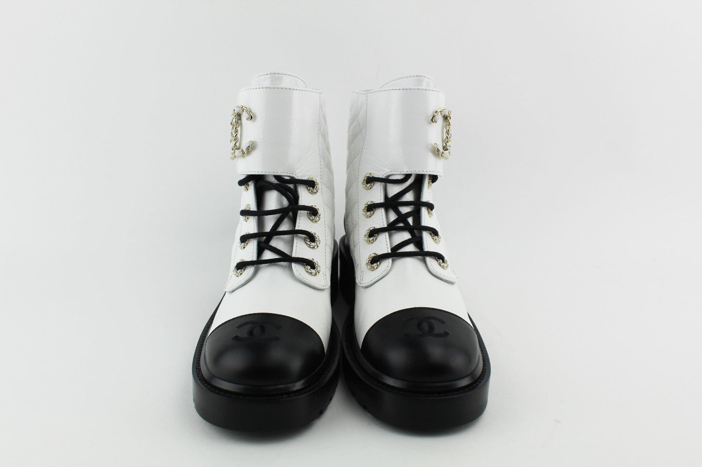 Chanel Women Lace Up Boots White and Black