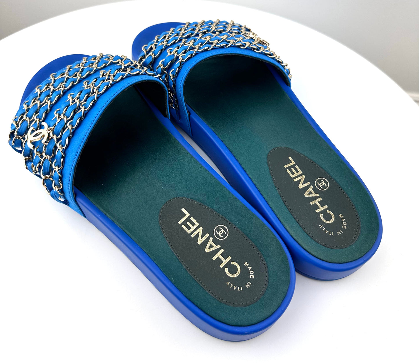 Chanel Satin Chain Slides