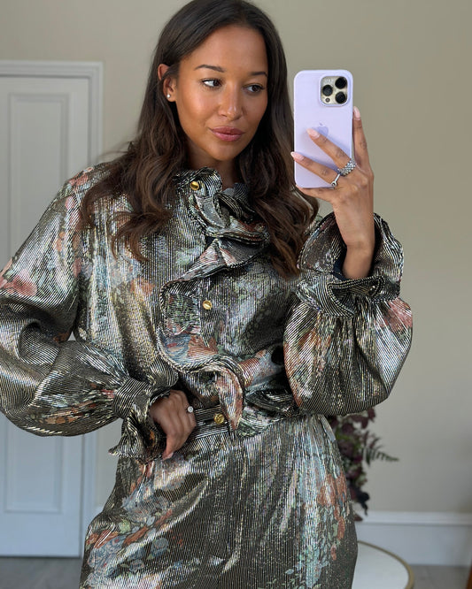 Luxury Gucci Trending 2025 Black Metallic Striped  Blouse and Trouser Set with Floral Detail Size UK 10-14