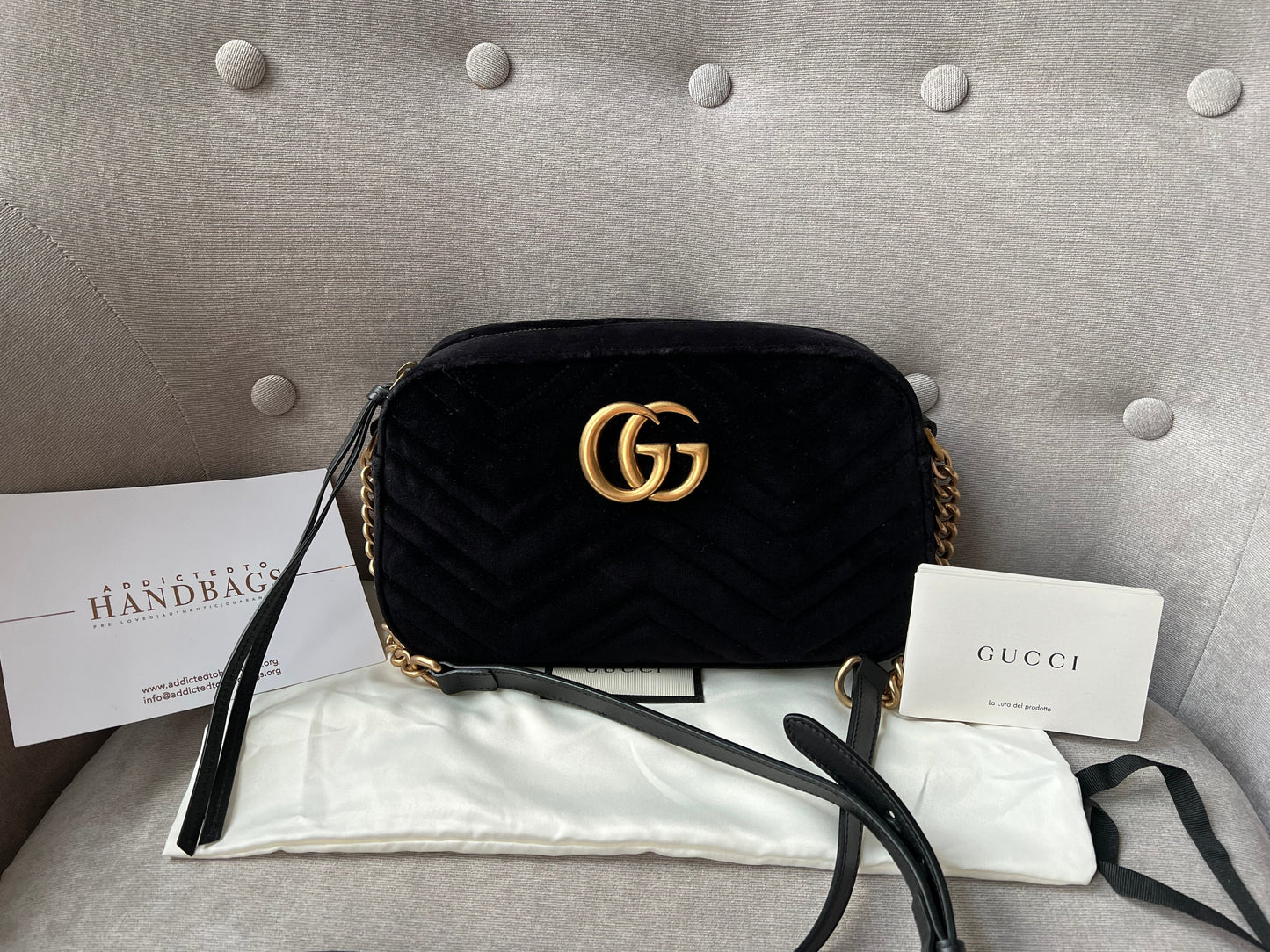 Luxury Gucci GG Black Velvet Marmont Small Shoulder Bag