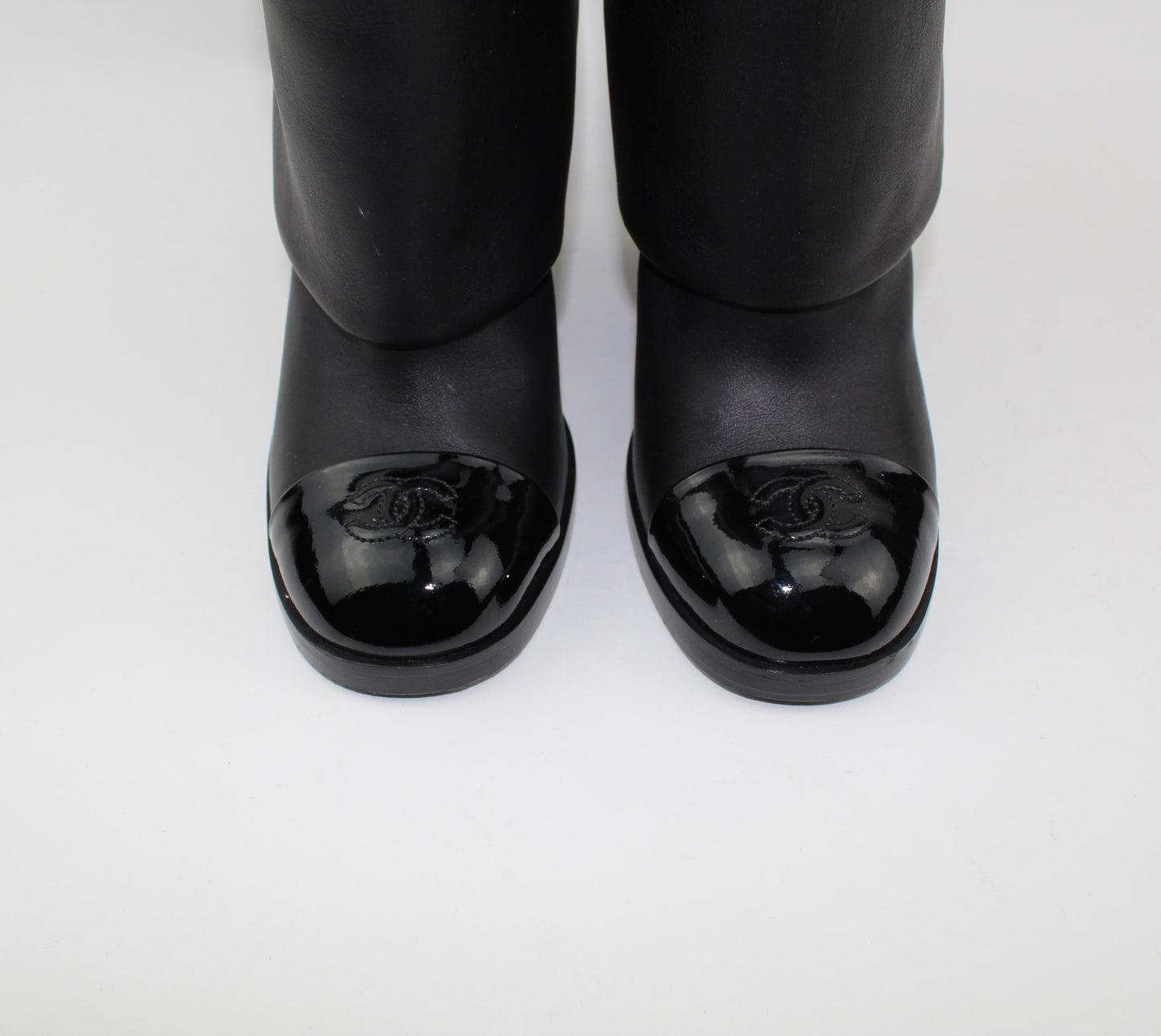 CHANEL CALF LEATHER PATENT CAP TOE  FOLD OVER BOOTS