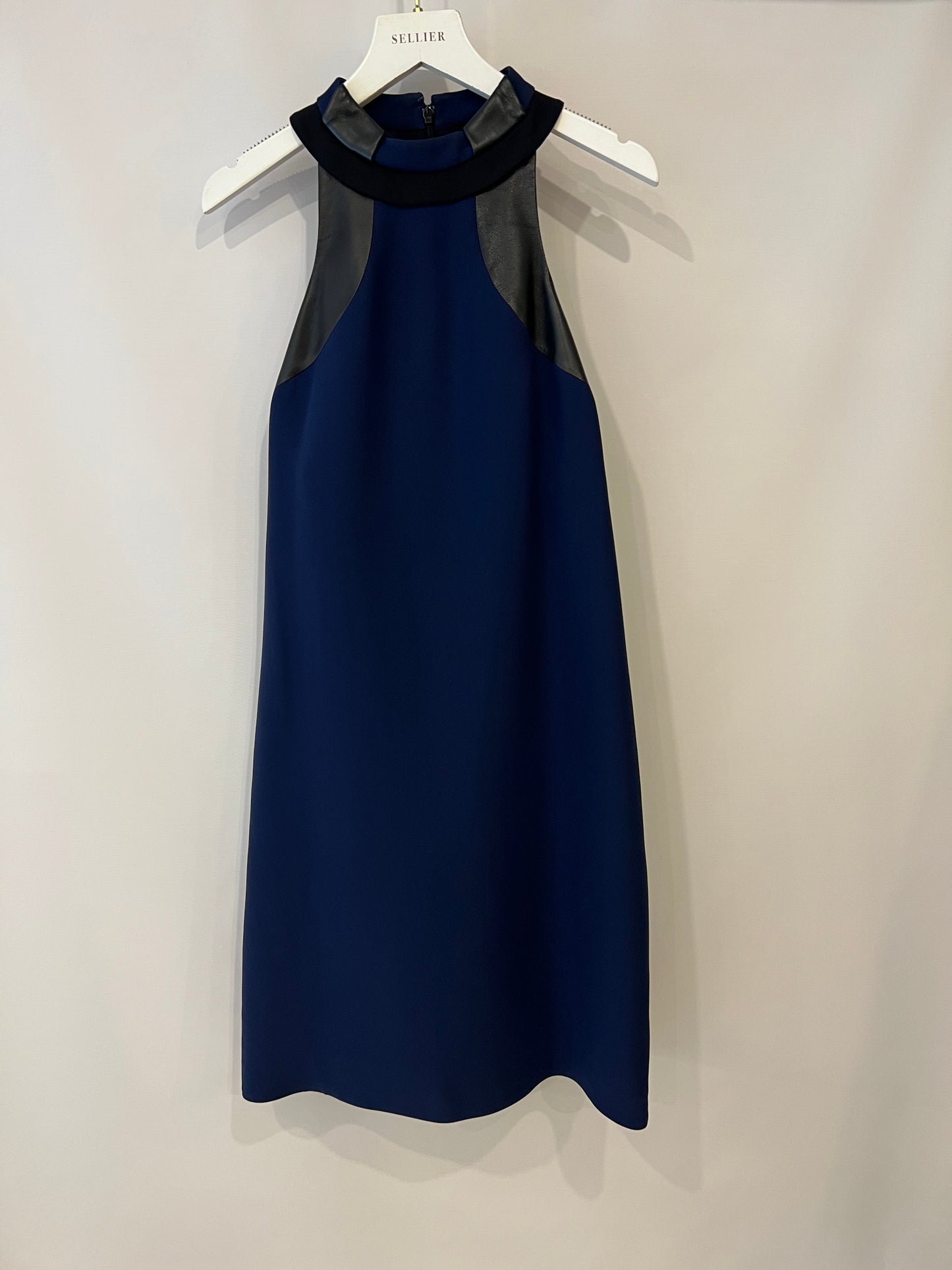 Luxury Gucci Navy Silk Sleeveless Dress with Black Leather Details Size IT 38 (UK 6)