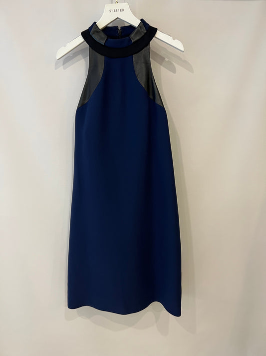 Luxury Gucci Navy Silk Sleeveless Dress with Black Leather Details Size IT 38 (UK 6)