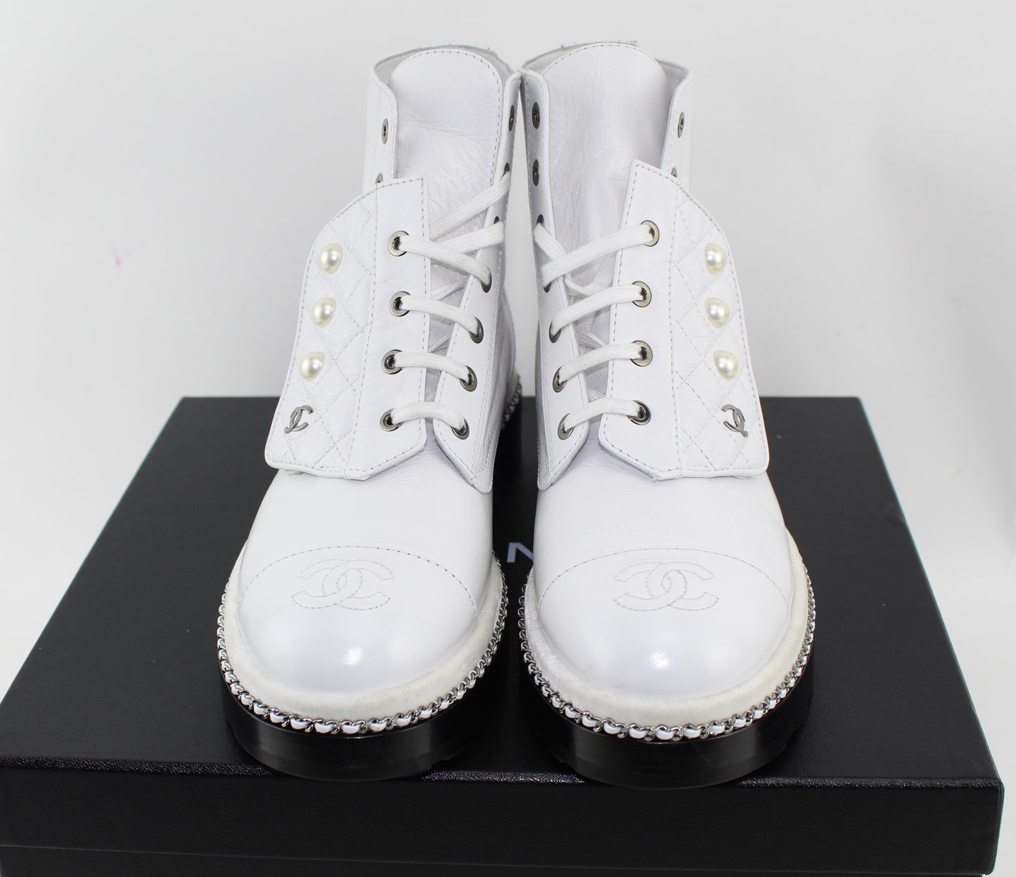 CHANEL CRACKLED CALFSKIN PEARL CHAIN CC BOOTS SIZE 40