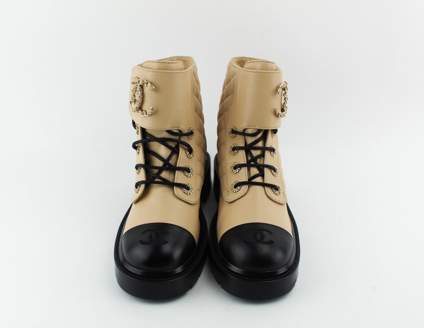 Chanel Women Lace Up Boots Beige and Black