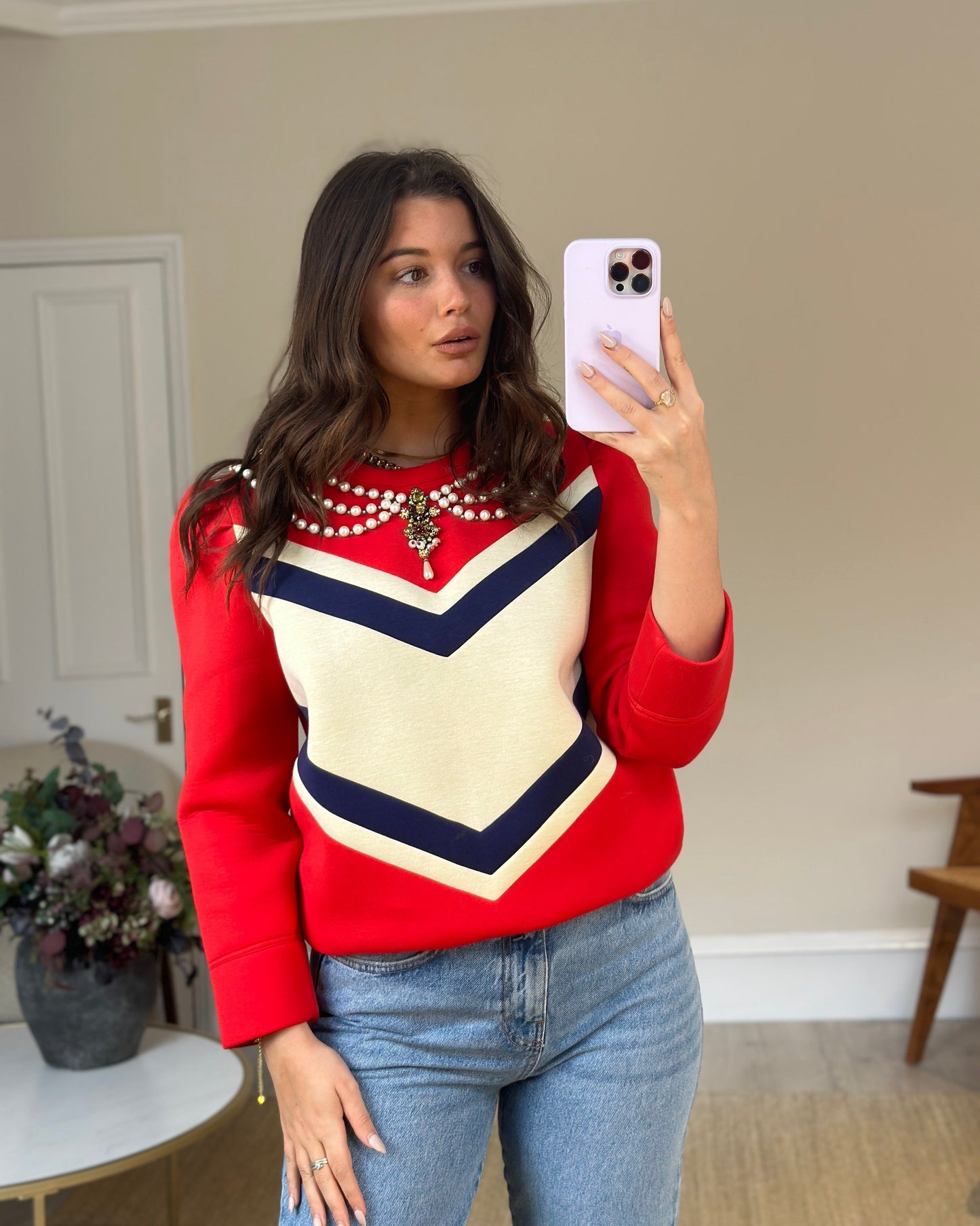 Luxury Gucci Red, Navy and Cream Jumper with Embellished Pearl Collar Detail Size L (UK 12-14)