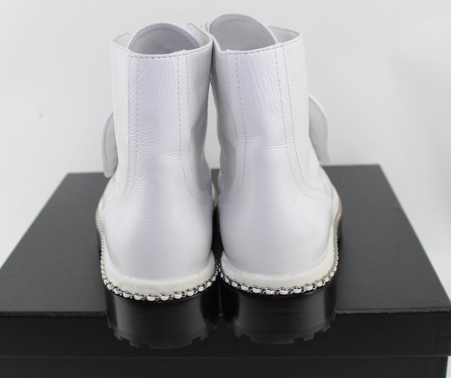 CHANEL CRACKLED CALFSKIN PEARL CHAIN CC BOOTS SIZE 40