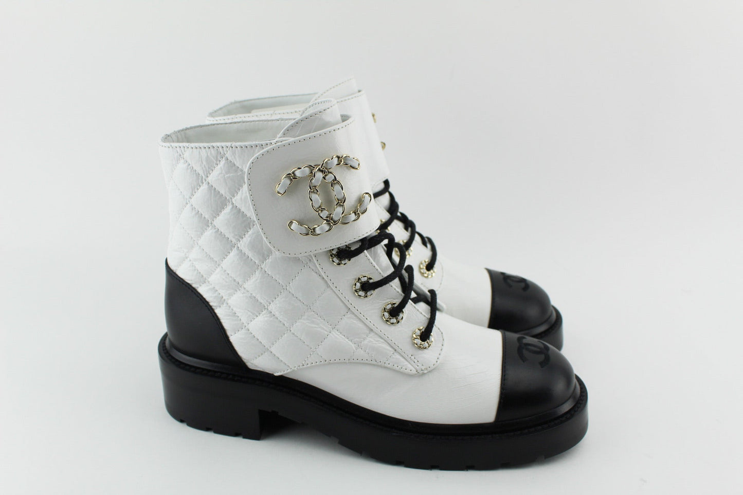 Chanel Women Lace Up Boots White and Black