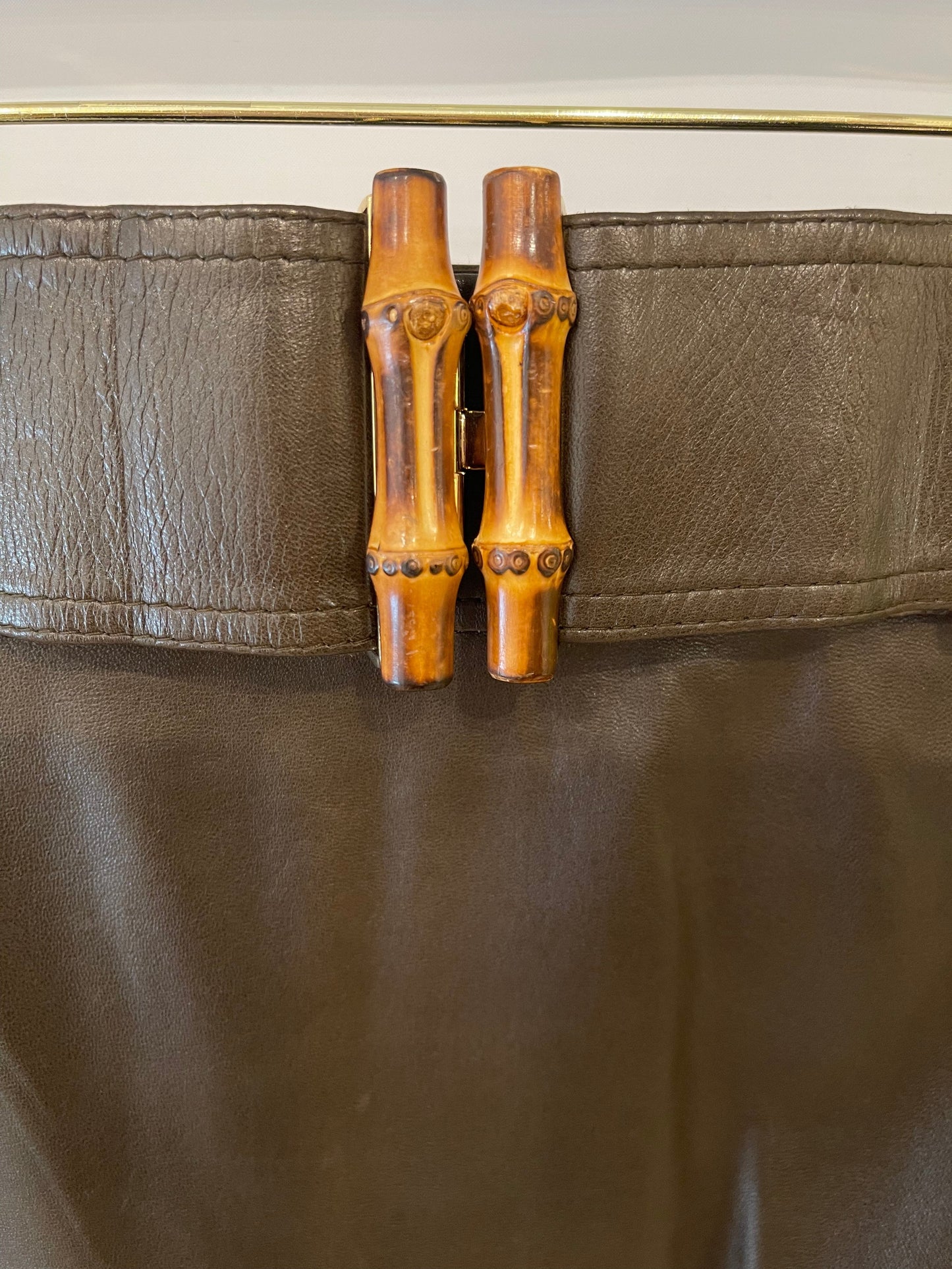 Luxury Gucci Trending 2025 Brown Leather Skirt with Bamboo Belt Detail Size IT 44 (UK 12)