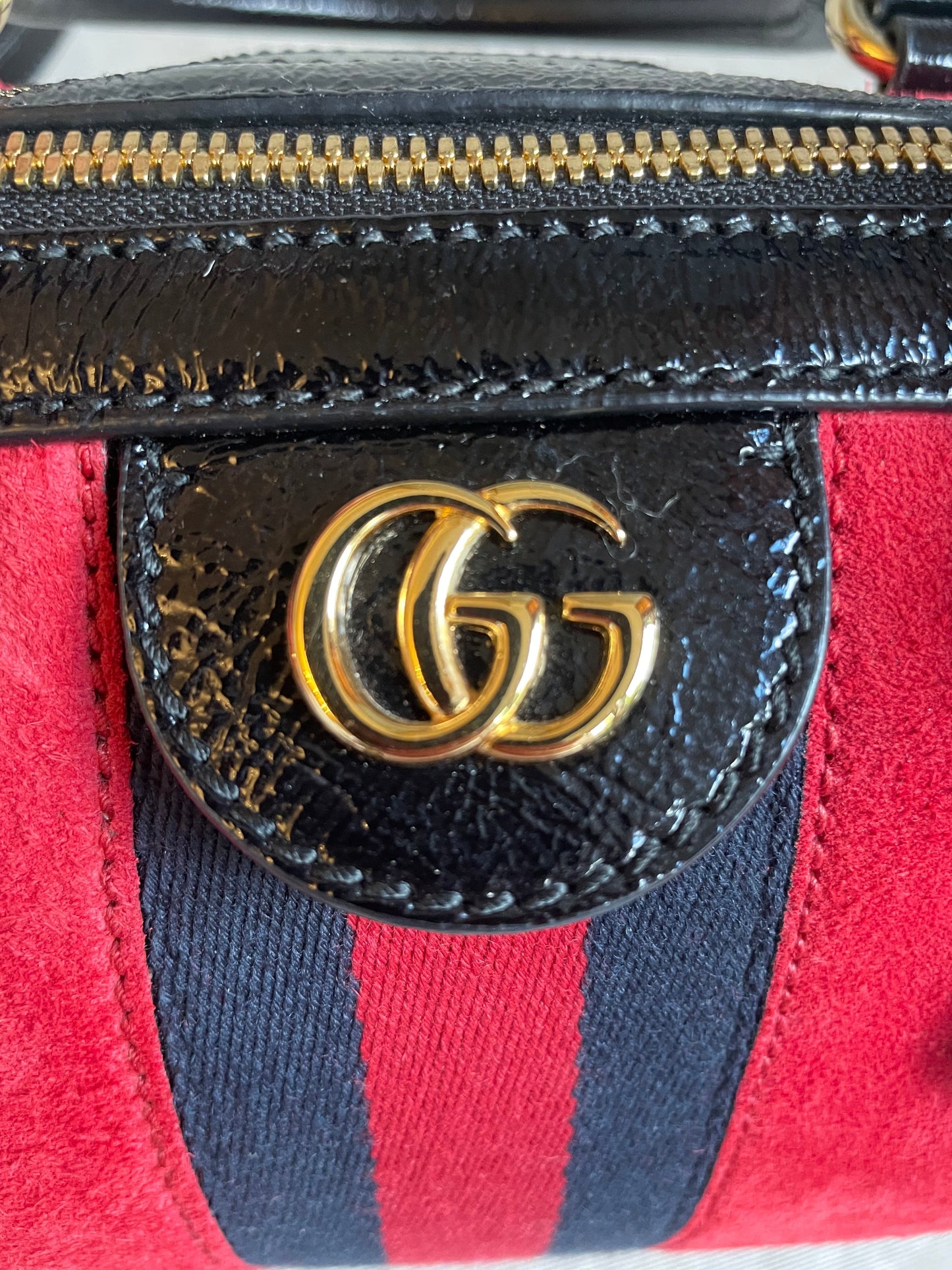 Luxury Gucci Red Suede and Blue Leather Ophidia Boston Bag