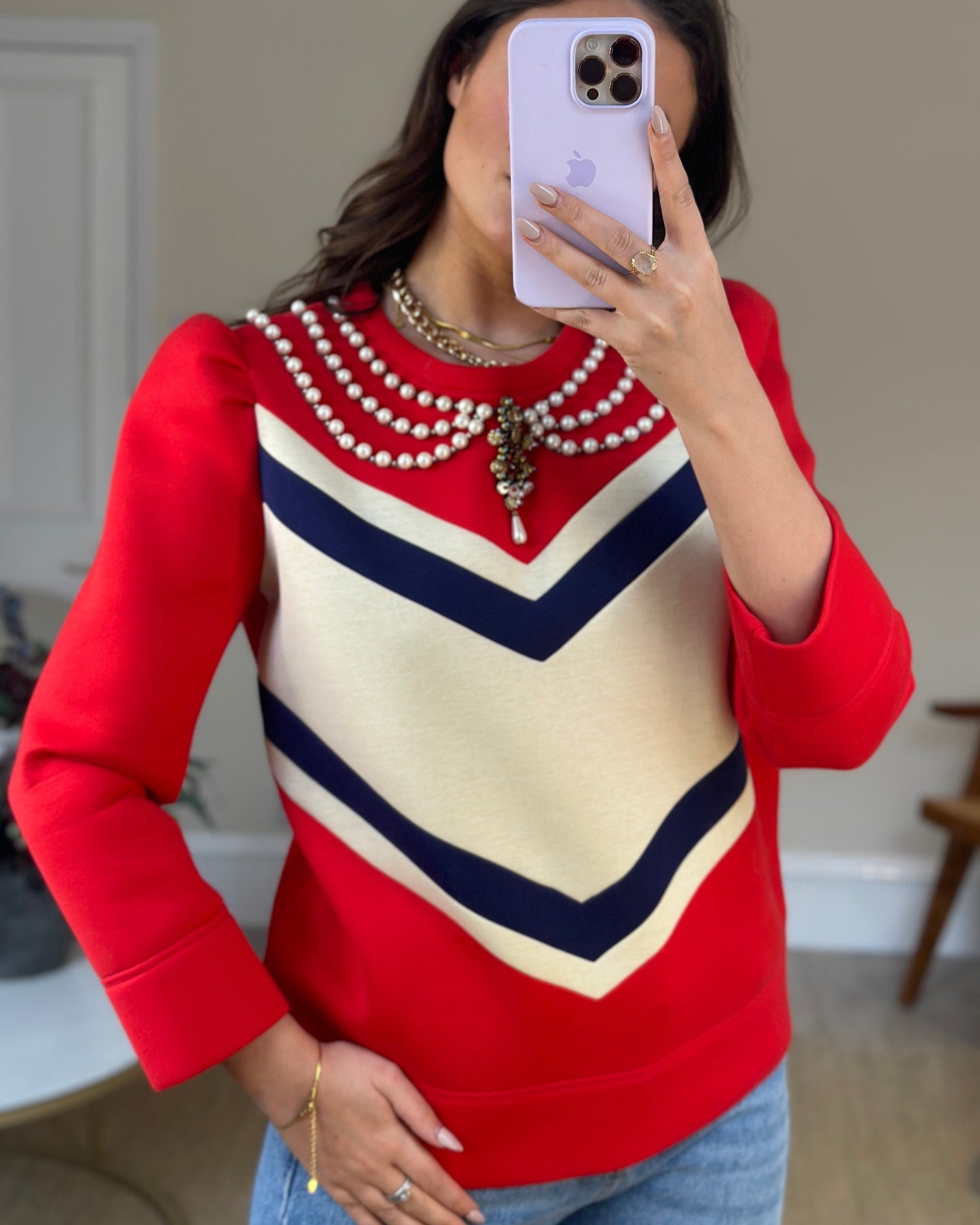 Luxury Gucci Red, Navy and Cream Jumper with Embellished Pearl Collar Detail Size L (UK 12-14)