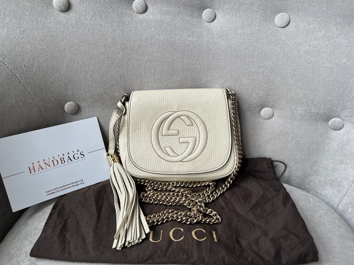 Luxury Gucci White Mini Soho Chain Crossbody Flap Bag