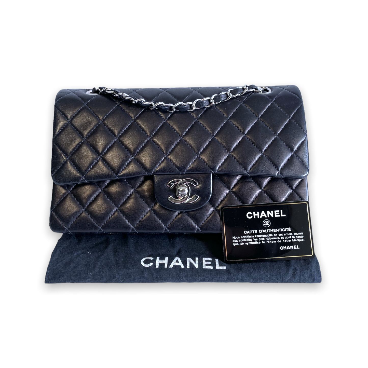 Luxury Chanel Classic Double Flap Medium Navy Blue Lambskin Silver