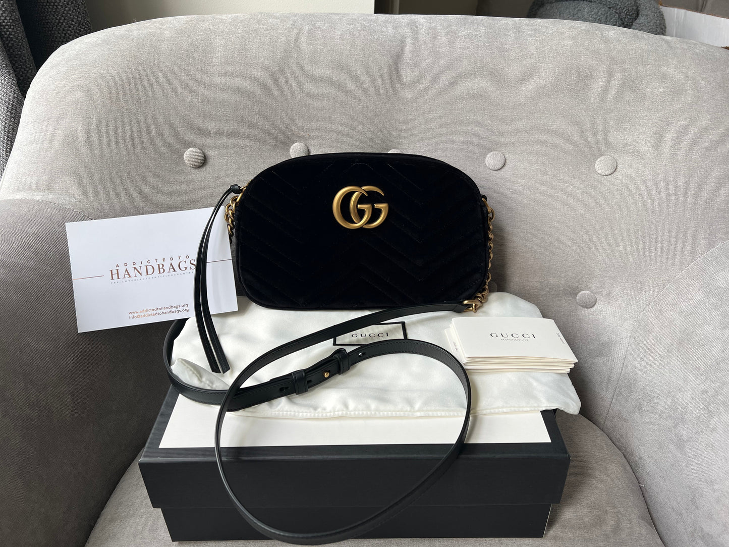 Luxury Gucci GG Black Velvet Marmont Small Shoulder Bag