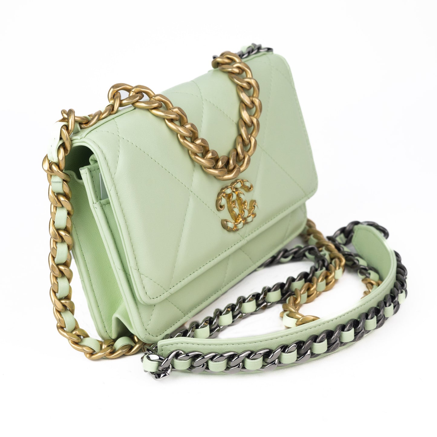 Chanel Lambskin Quilted 19 Wallet on Chain in Light Green