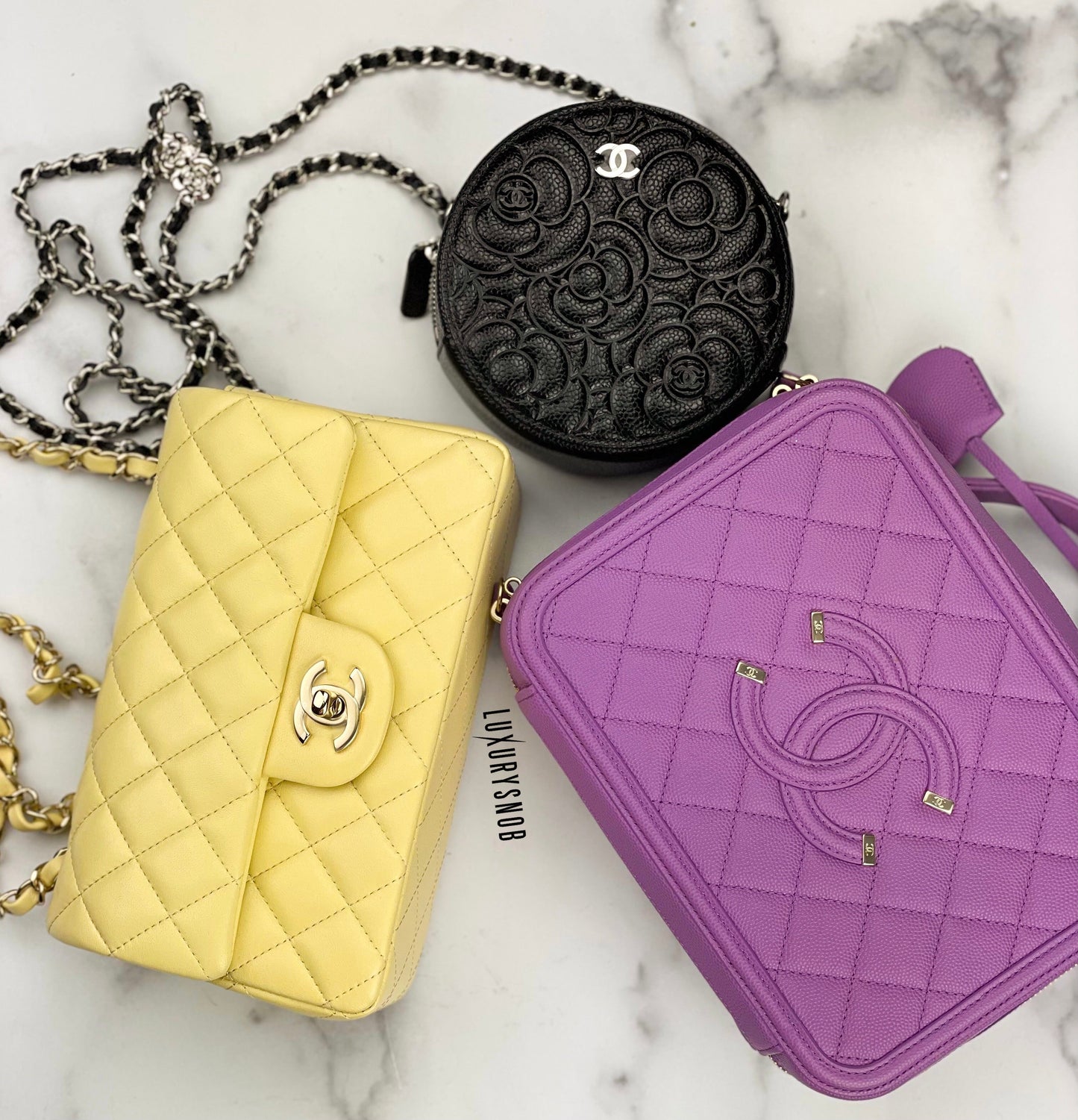 Chanel Purple Vanity x Lambskin Mini classic x Camellia Round Crossbody Raffle