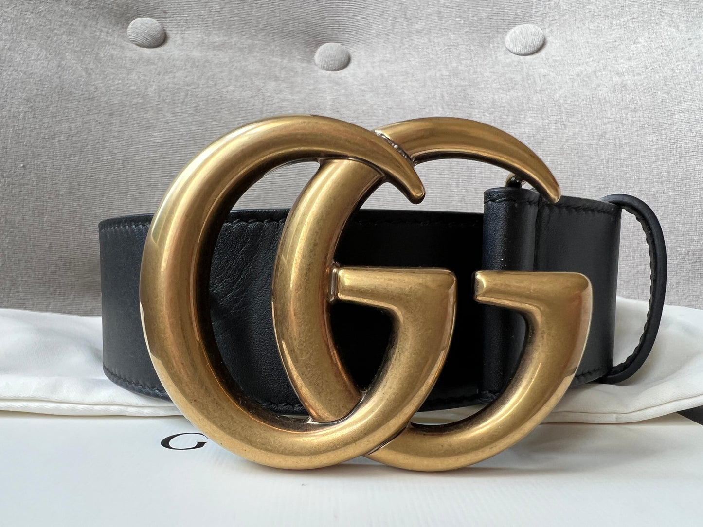 Luxury Gucci GG Marmont Black Leather Belt with Gold Buckle