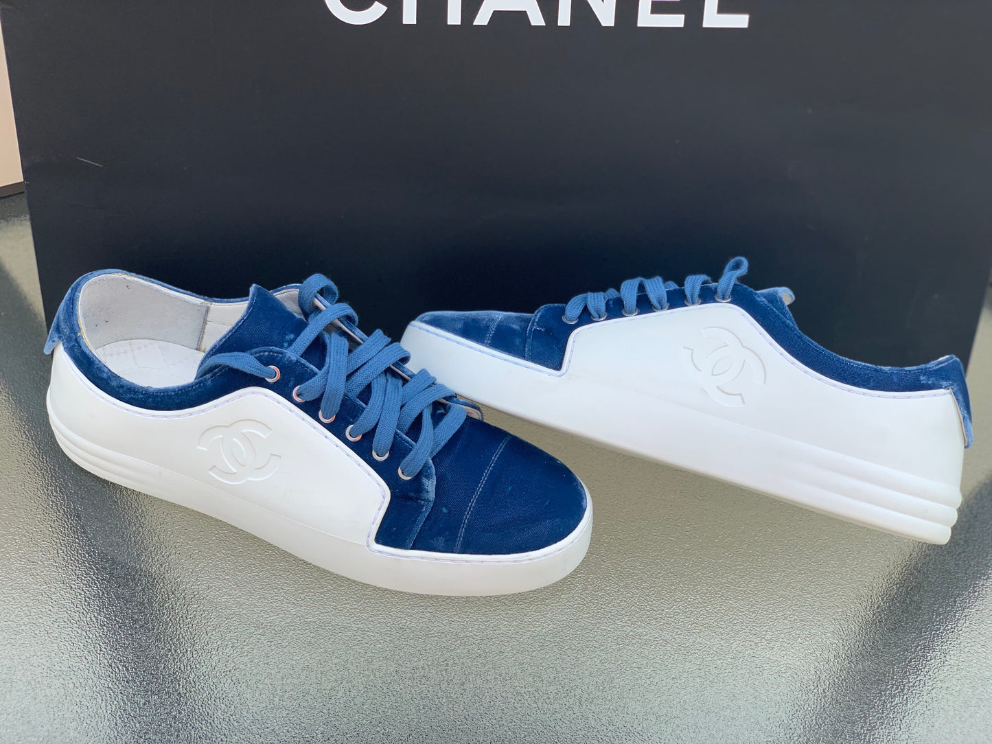 CHANEL TWO TONE VELVET SNEAKERS