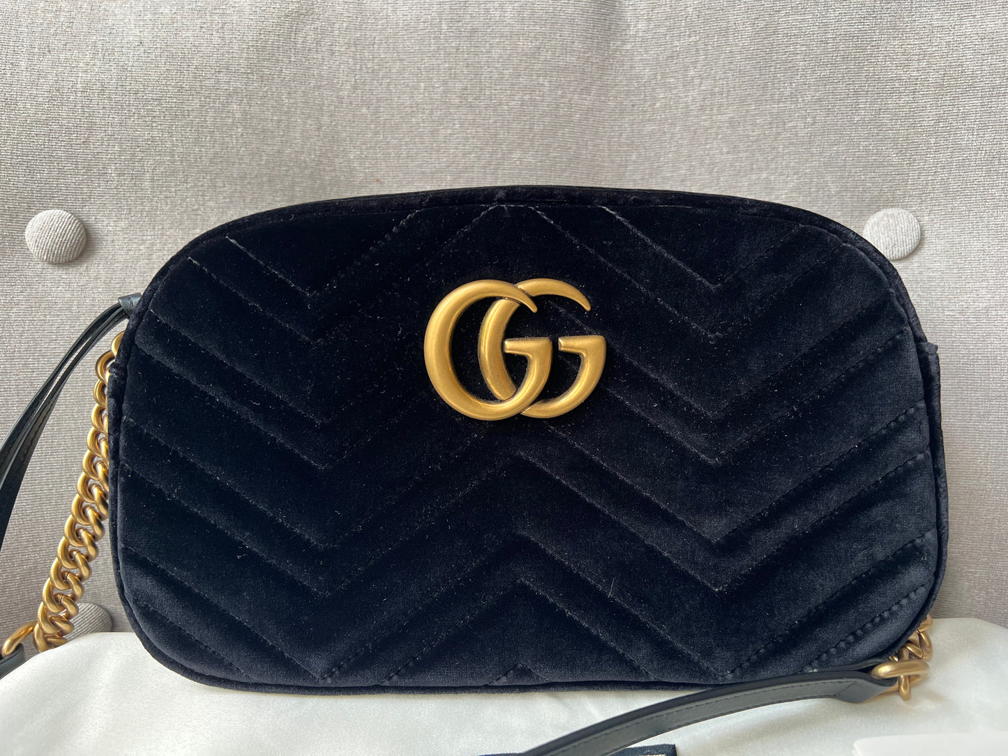 Luxury Gucci GG Black Velvet Marmont Small Shoulder Bag