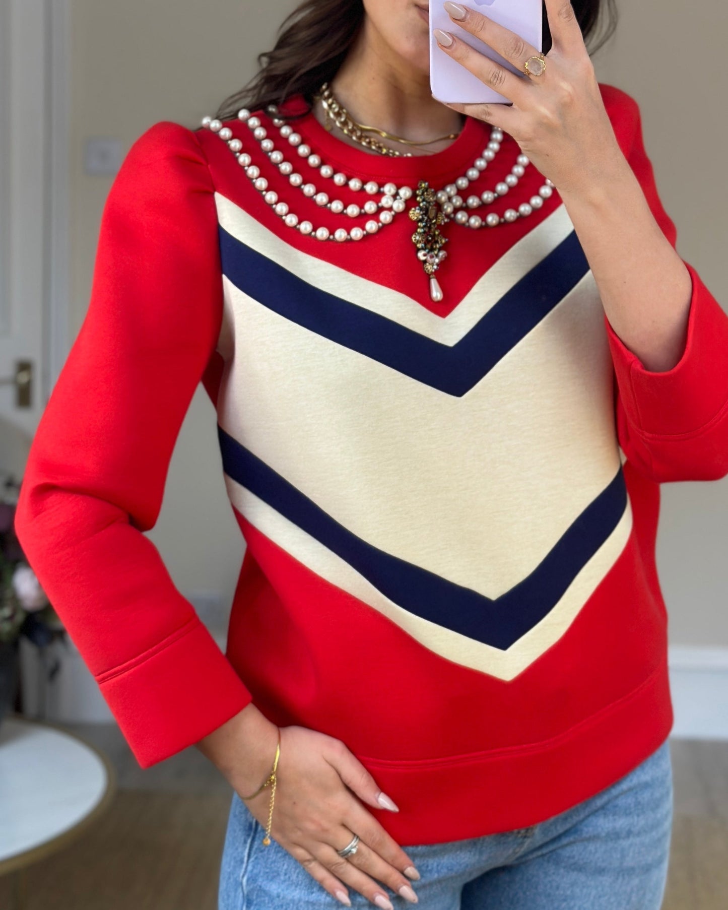 Luxury Gucci Red, Navy and Cream Jumper with Embellished Pearl Collar Detail Size L (UK 12-14)
