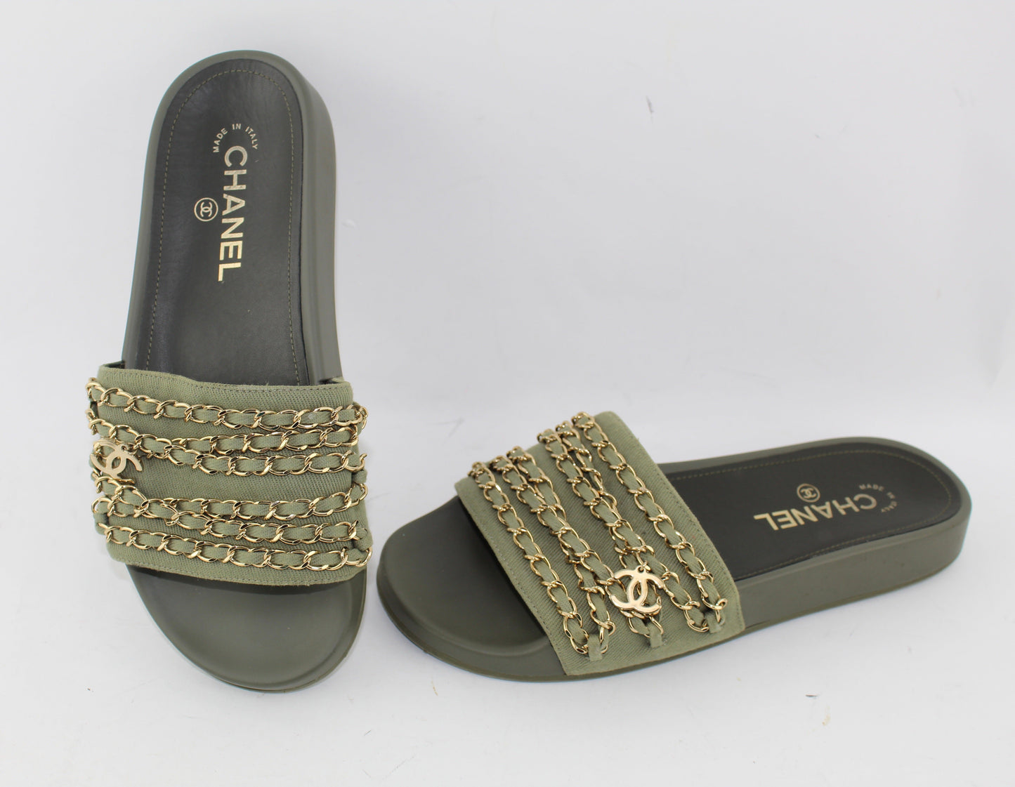 CHANEL CANVAS CHAIN FLAT SANDALS SIZE 38