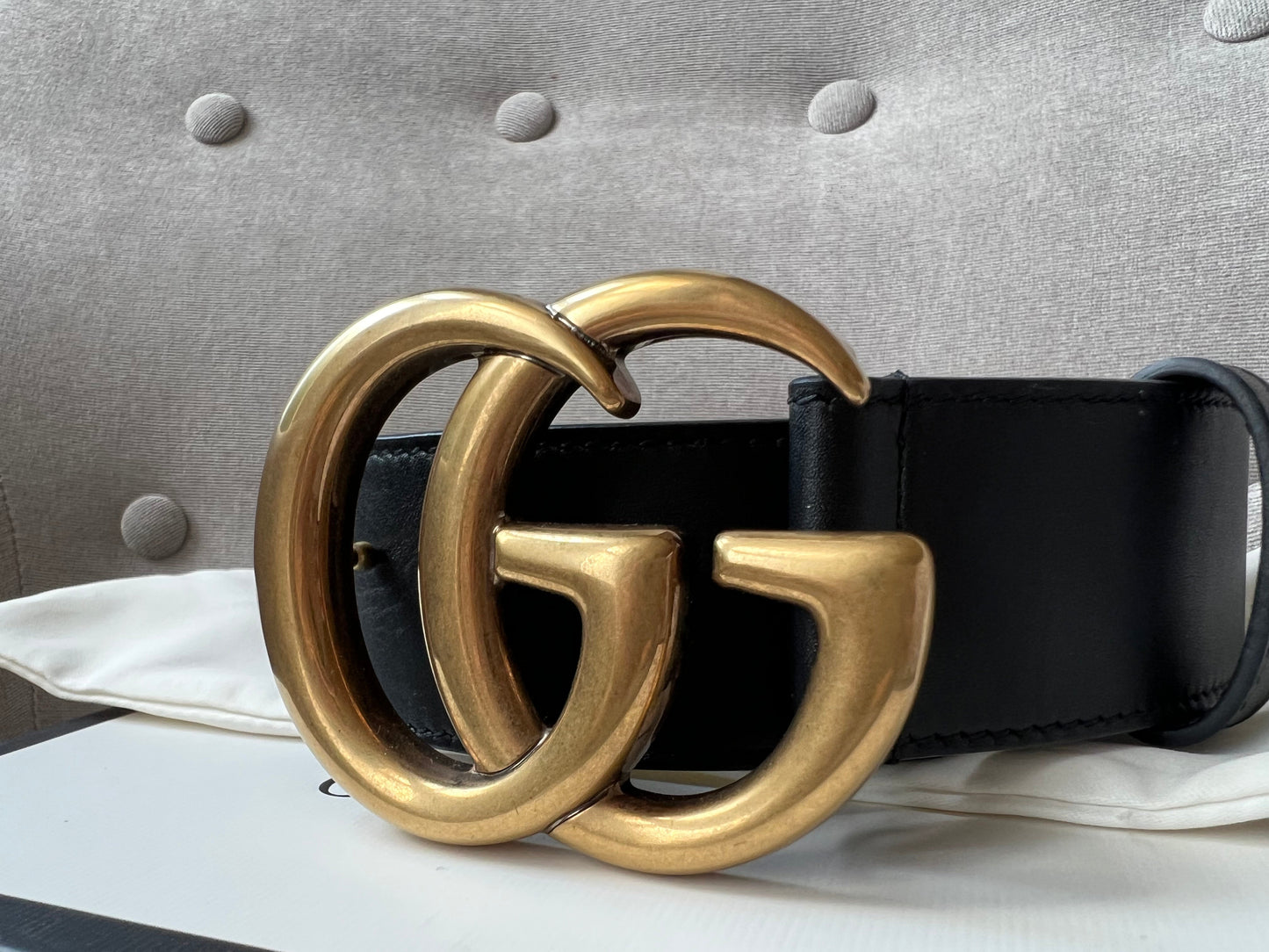Luxury Gucci GG Marmont Black Leather Belt with Gold Buckle