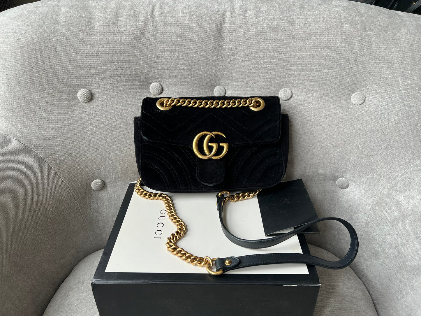 Luxury Gucci Black GG Mini Velvet Marmont Shoulder Bag