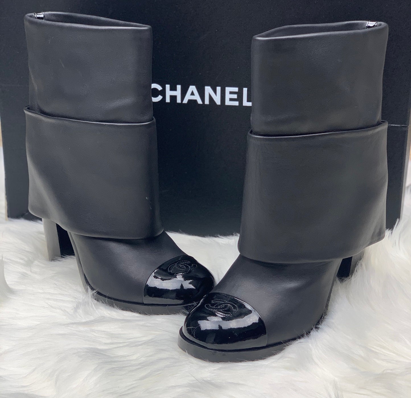 CHANEL CALF LEATHER PATENT CAP TOE  FOLD OVER BOOTS