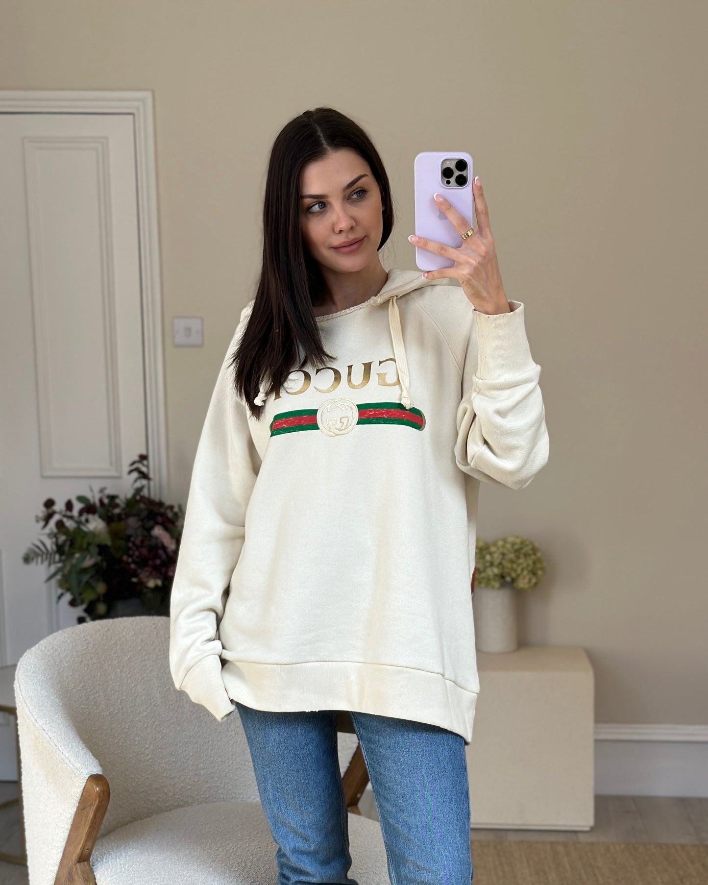 Luxury Gucci Cream Logo 'Blind For Love' Hoodie with Back Embroidery Detail Size M (UK 10)