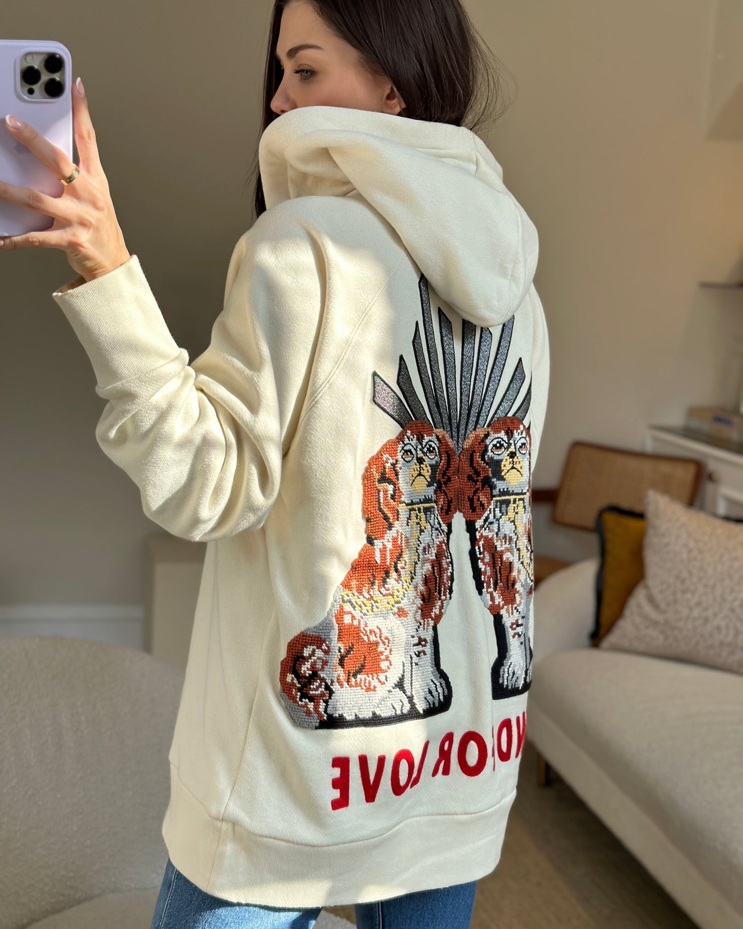 Luxury Gucci Cream Logo 'Blind For Love' Hoodie with Back Embroidery Detail Size M (UK 10)